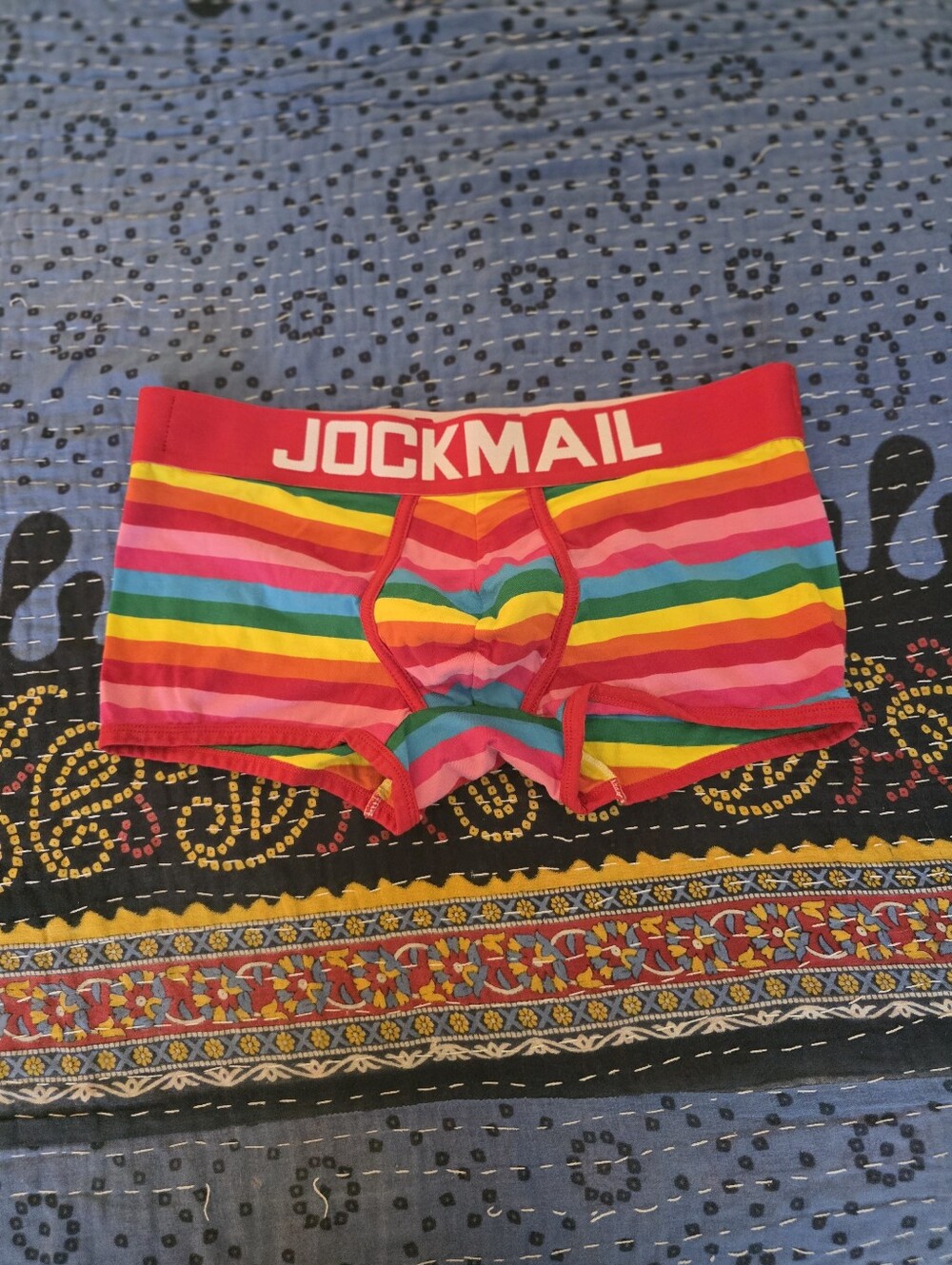 Jockmail Mens Rainbow Stripe Shorts - Red Waistband